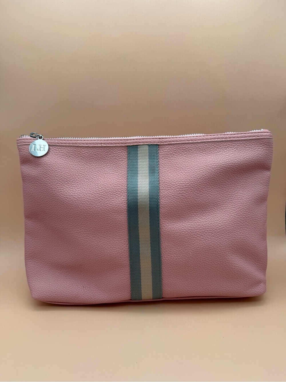 Louenhide Blush Pink Vegan Leather Stripe Zip Clutch Large Travel Cosmetic Pouch